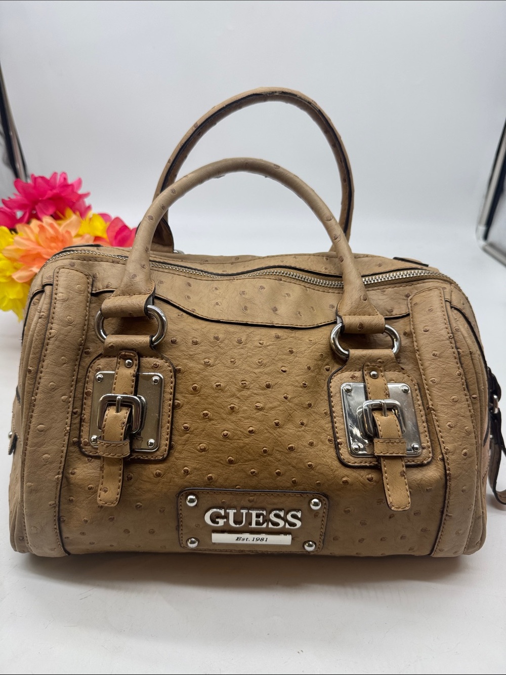 GUESS Tan Ostrich-Effect Satchel with Silver Hardware